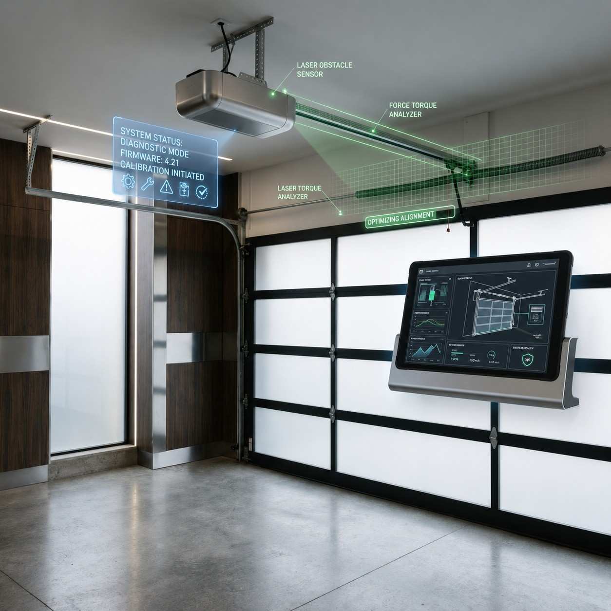 Smart garage door opener diagnostic system displaying real-time performance monitoring, alignment calibration, safety sensor testing, and predictive maintenance data. Modern residential garage door technology helps improve reliability, security, opener efficiency, and professional garage door repair diagnostics.