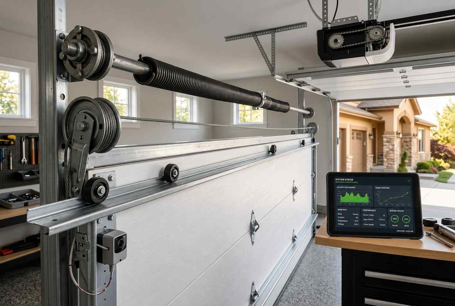 Professional garage door repair and maintenance service showing torsion spring system, tracks, rollers, opener mechanism, and diagnostic monitoring dashboard. Technician inspection helps improve garage door performance, safety, reliability, and preventive maintenance for residential garage doors.