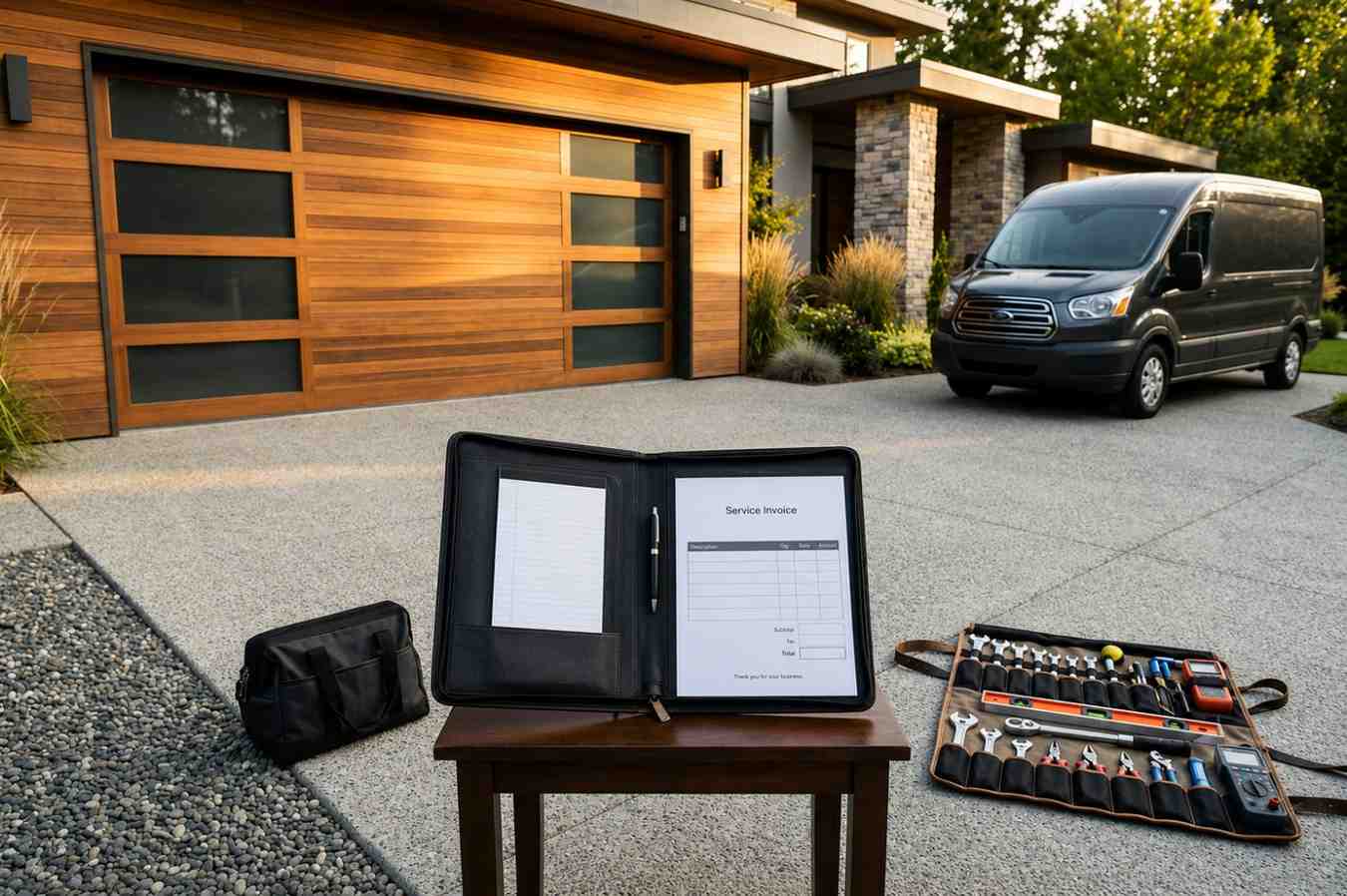Professional garage door service estimate and maintenance consultation outside a modern home. Garage door repair tools, inspection checklist, and service vehicle highlight residential garage door installation, repair, preventive maintenance, and customer support for safe, reliable door operation.