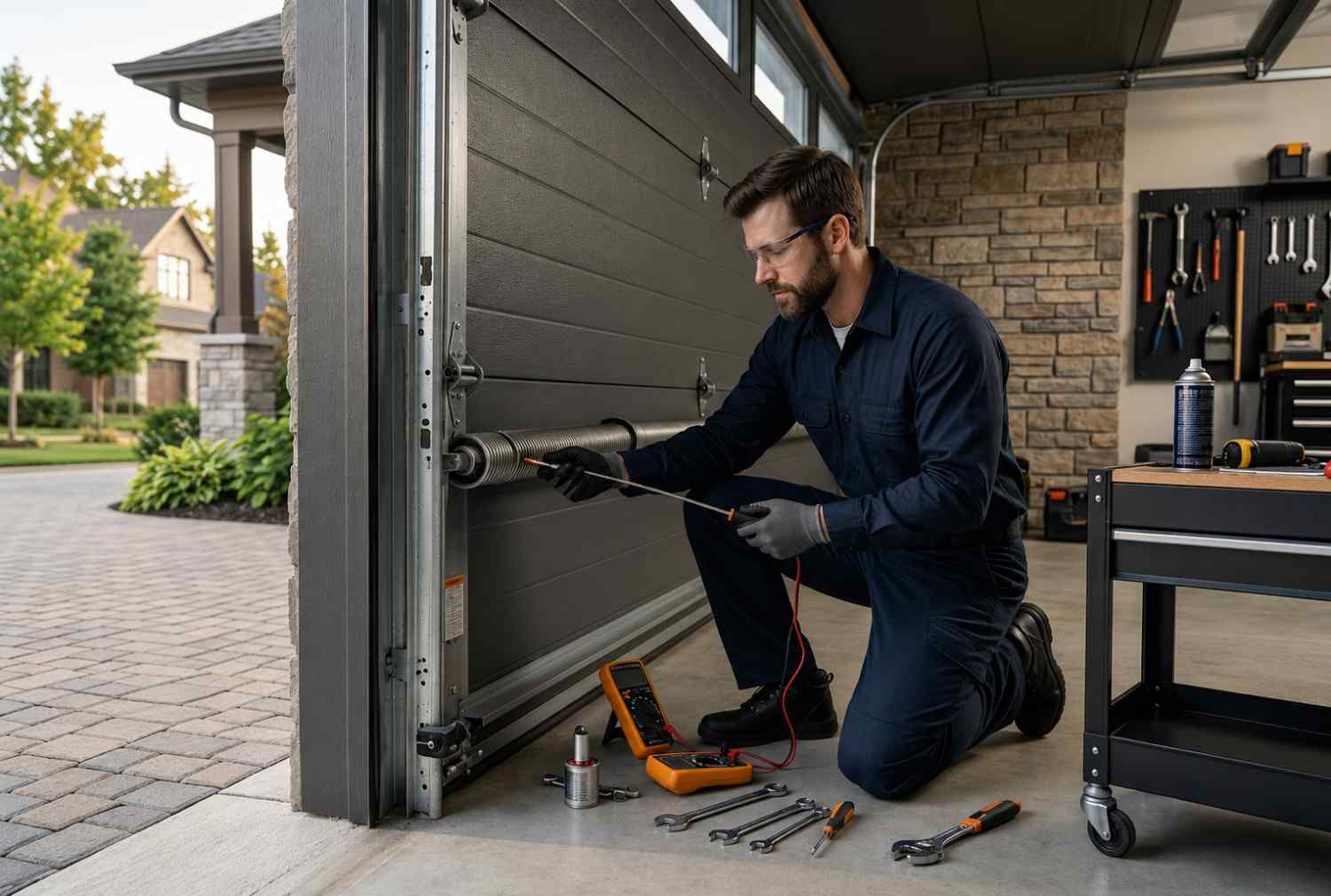 Garage door technician performing torsion spring inspection and maintenance on a residential garage door. Professional repair service includes safety testing, hardware diagnostics, lubrication, and preventive maintenance backed by a workmanship guarantee for reliable garage door performance and operation.