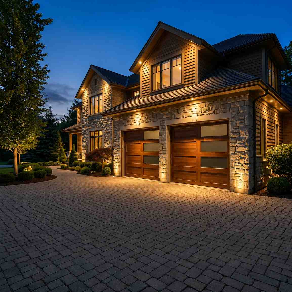 Luxury home with modern wood garage doors illuminated at dusk, showcasing premium residential garage door design and curb appeal. Professional garage door installation enhances home security, energy efficiency, durability, and property value while complementing upscale architectural aesthetics.