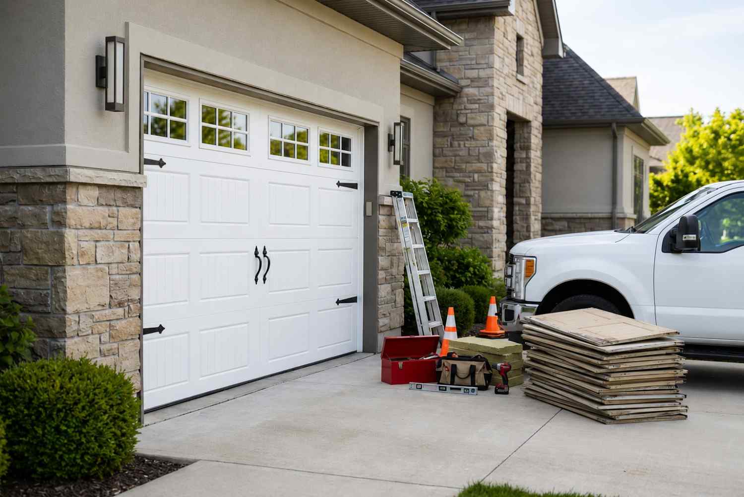 Professional garage door installation service at a residential home, featuring a new insulated white garage door, installation tools, and contractor vehicle. Expert garage door replacement improves curb appeal, energy efficiency, security, and long-term performance for homeowners.