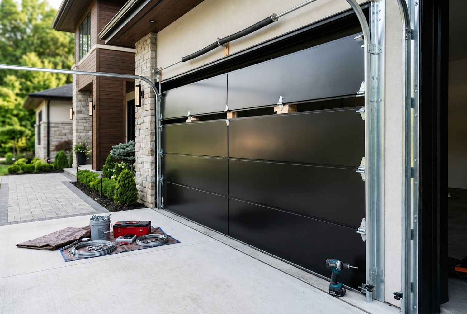 Modern black garage door installation in progress at a luxury home, featuring professional tools, track alignment, and cable setup. Expert garage door replacement enhances curb appeal, durability, security, and smooth operation for residential properties.