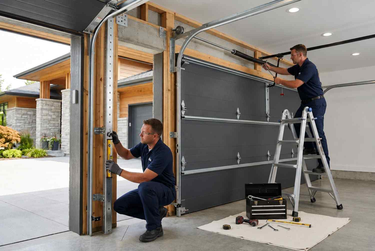 Professional garage door installation technicians aligning tracks and securing hardware during a residential garage door replacement. Expert installation ensures smooth operation, proper balance, enhanced safety, energy efficiency, and long-lasting performance for modern homes.
