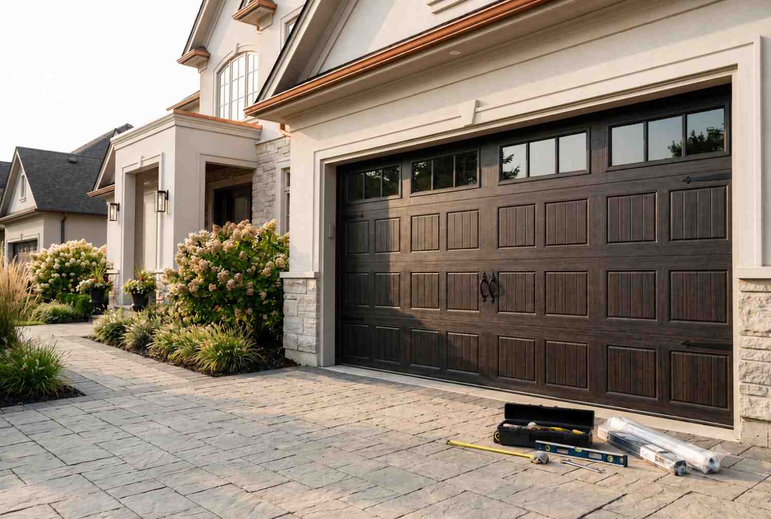 Elegant carriage-style garage door installation on a luxury home, featuring decorative windows, professional installation tools, and completed garage door replacement. New insulated garage door enhances curb appeal, energy efficiency, home security, and long-term residential property value.