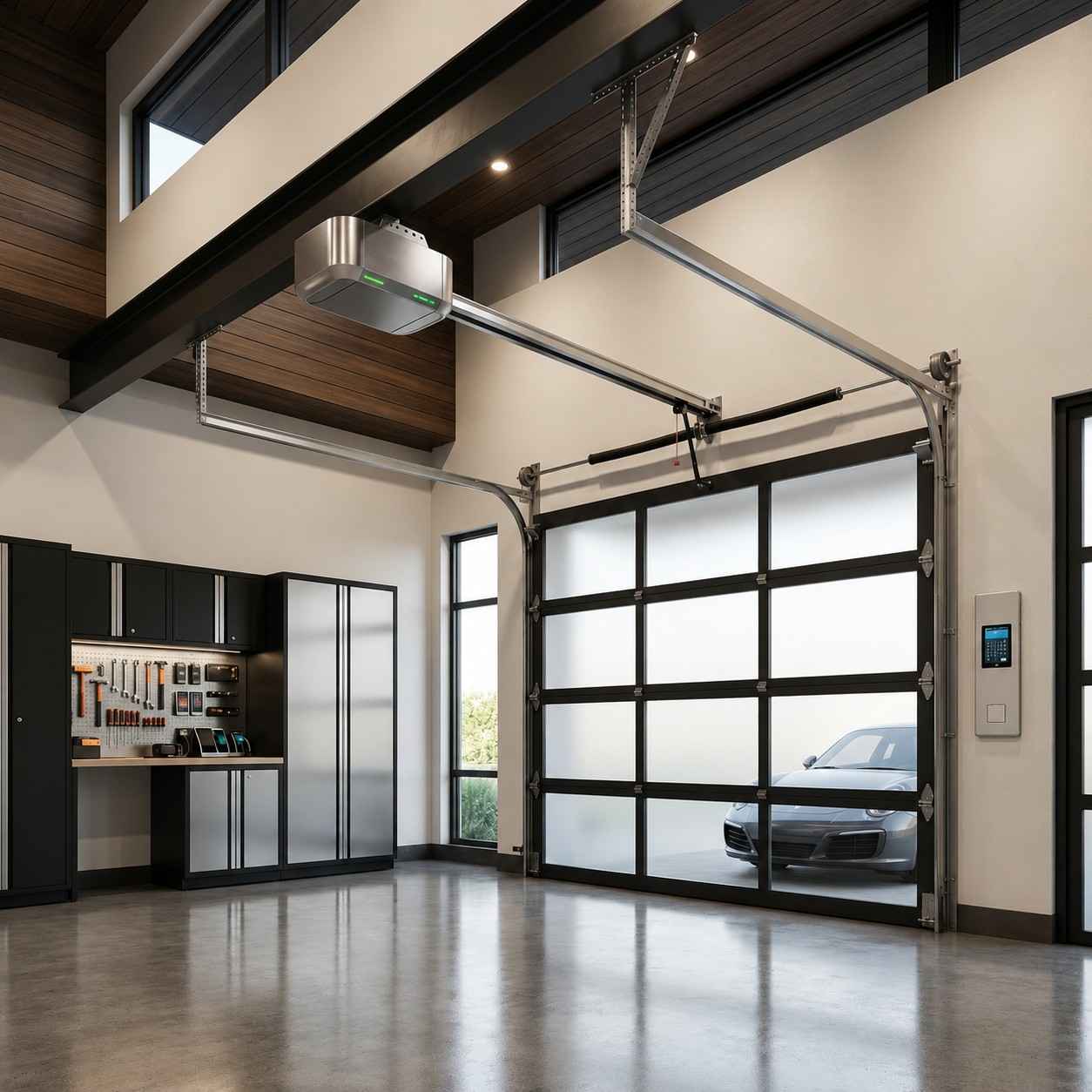 Modern smart garage with glass-panel garage door, Wi-Fi garage door opener, and automated access control system. Premium residential garage design featuring advanced garage door technology, enhanced security, remote monitoring, and energy-efficient operation for luxury homes.