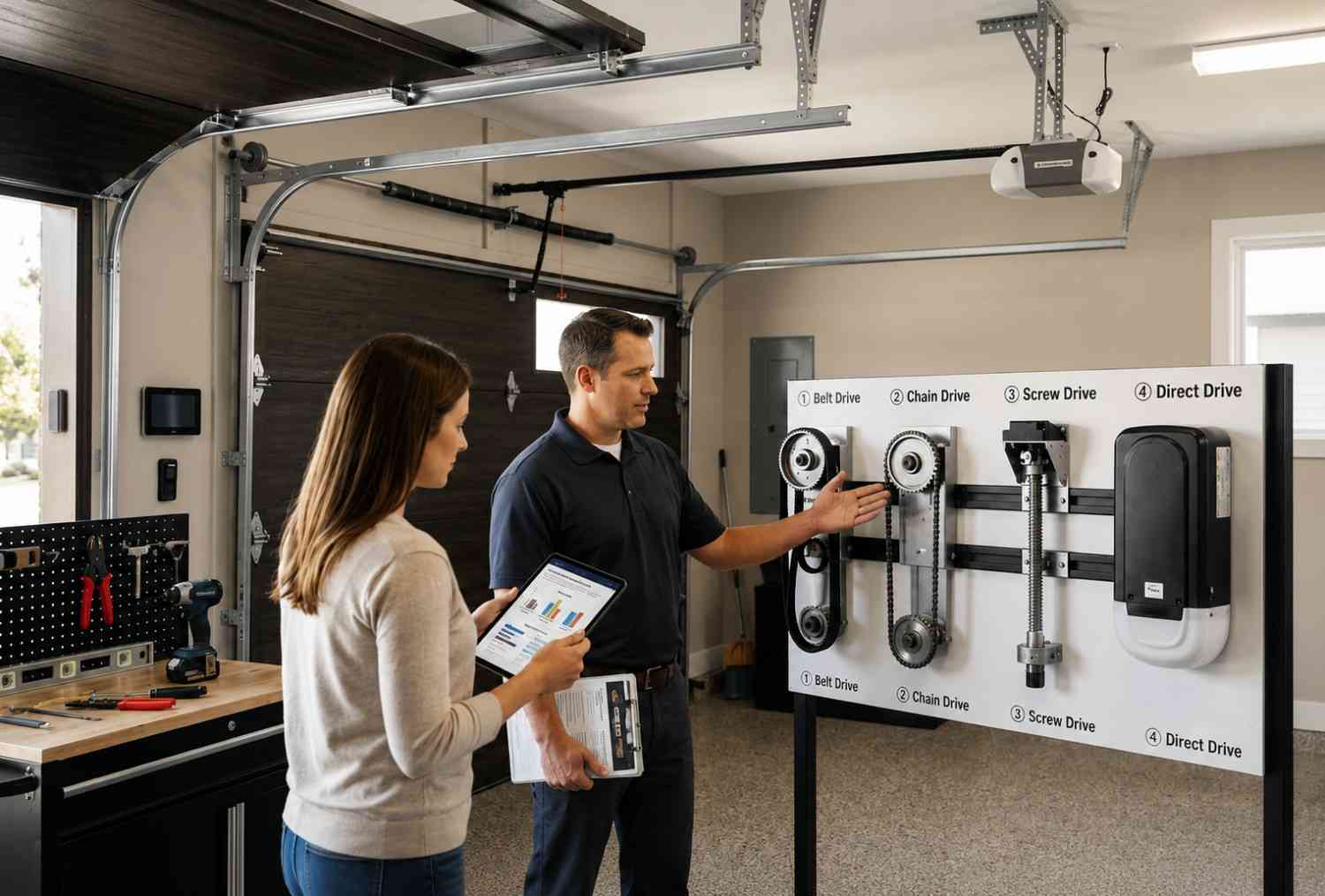 Garage door specialist explaining belt drive, chain drive, screw drive, and direct drive opener options to a homeowner. Professional garage door consultation helps customers choose the best garage door opener for security, performance, reliability, and smart home compatibility.