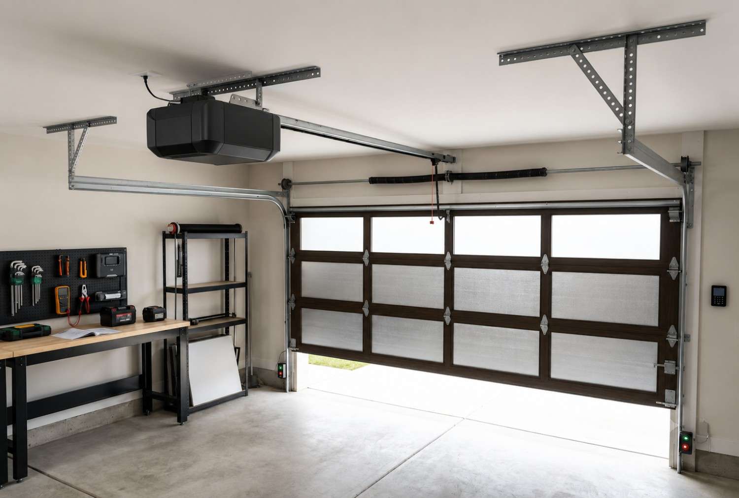 Modern garage door opener installation with smart controls, wall-mounted keypad, and automated overhead door system. Professional garage door service improves security, remote access, smooth operation, and energy-efficient performance for residential garages and smart homes.