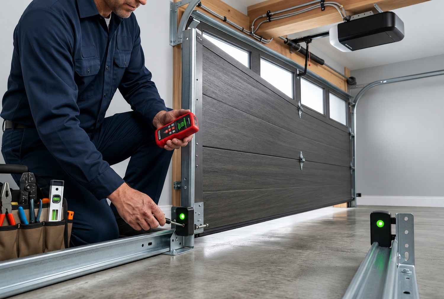 Professional garage door technician installing and testing safety sensors on a modern automatic garage door system. Expert garage door repair and maintenance service in a residential garage, ensuring proper alignment, functionality, and home safety. Technician uses diagnostic tools to inspect garage door opener and sensor performance.