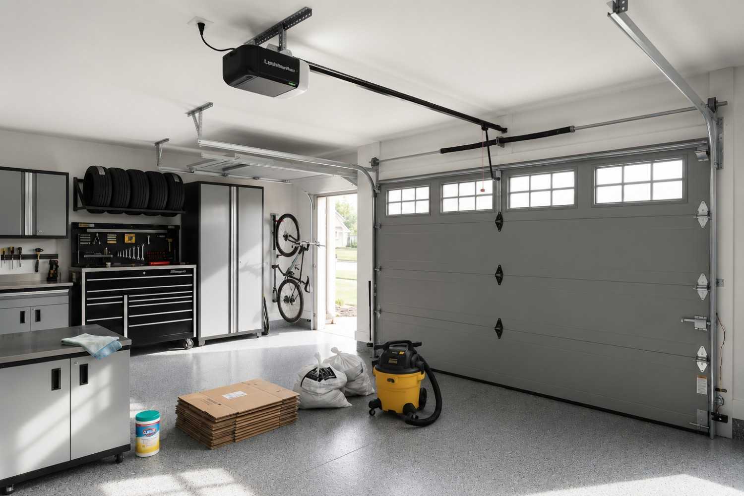 Modern residential garage with insulated overhead garage door, automatic garage door opener, organized storage cabinets, tool chest, and epoxy-coated floor. Clean, well-maintained garage interior showcasing garage organization, home improvement, garage door installation, and functional workspace design for homeowners seeking efficient storage solutions.