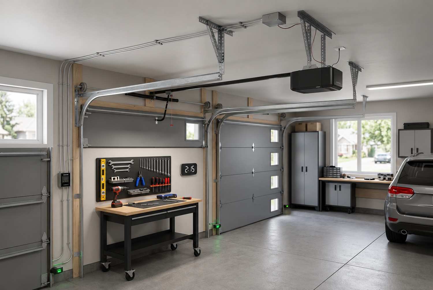 Modern garage featuring automated garage door opener, overhead door system, safety sensors, and organized workshop area. Clean residential garage with professional garage door installation, maintenance tools, storage cabinets, and vehicle parking space. Ideal for garage door repair services, smart garage upgrades, and home improvement projects.
