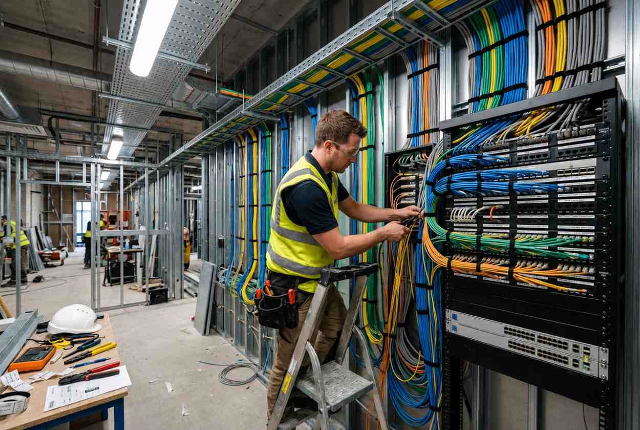 A network technician in a yellow safety vest installs structured cabling on a Tripp Lite patch panel rack at a commercial construction site, with colorful Ethernet cables organized in cable trays overhead