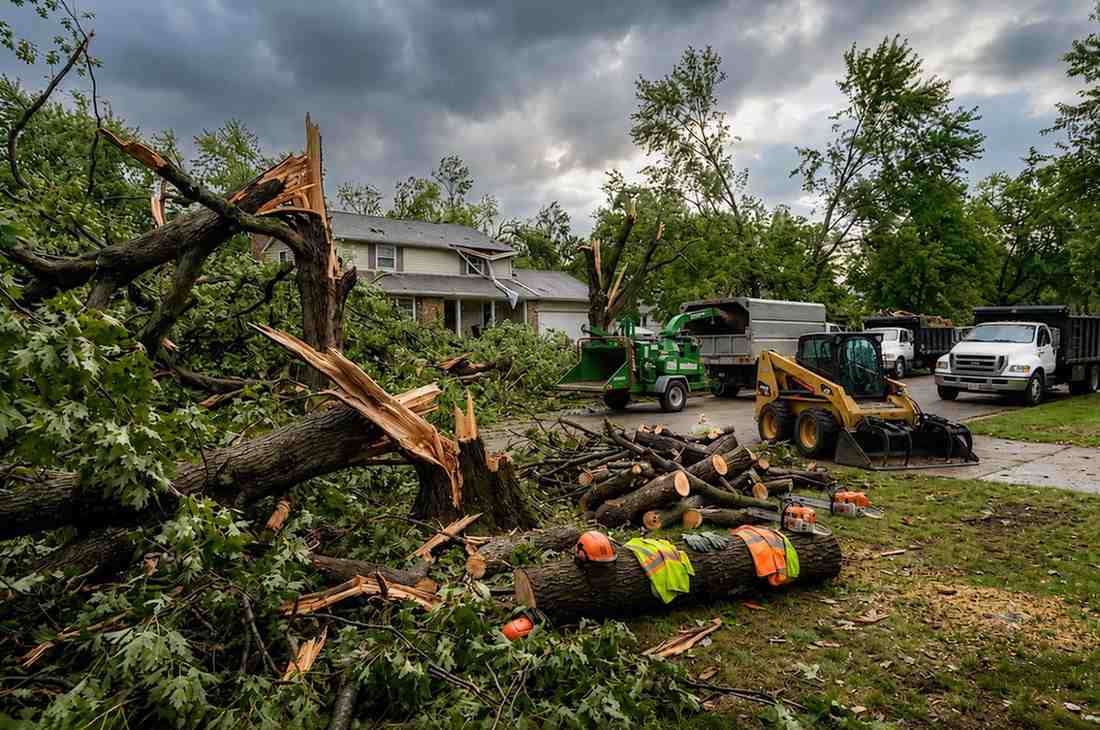 Professional storm damage tree removal crew clearing fallen trees from a residential property using a wood chipper, skid steer loader, and chainsaws after severe storm damage, with safety gear visible on-site.