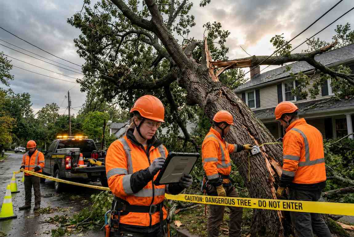 **Alt text:** "Certified arborists in orange safety gear assessing a large storm-damaged tree leaning on a residential home, with caution tape, emergency tree response truck, and digital damage assessment tools on-site after severe weather."