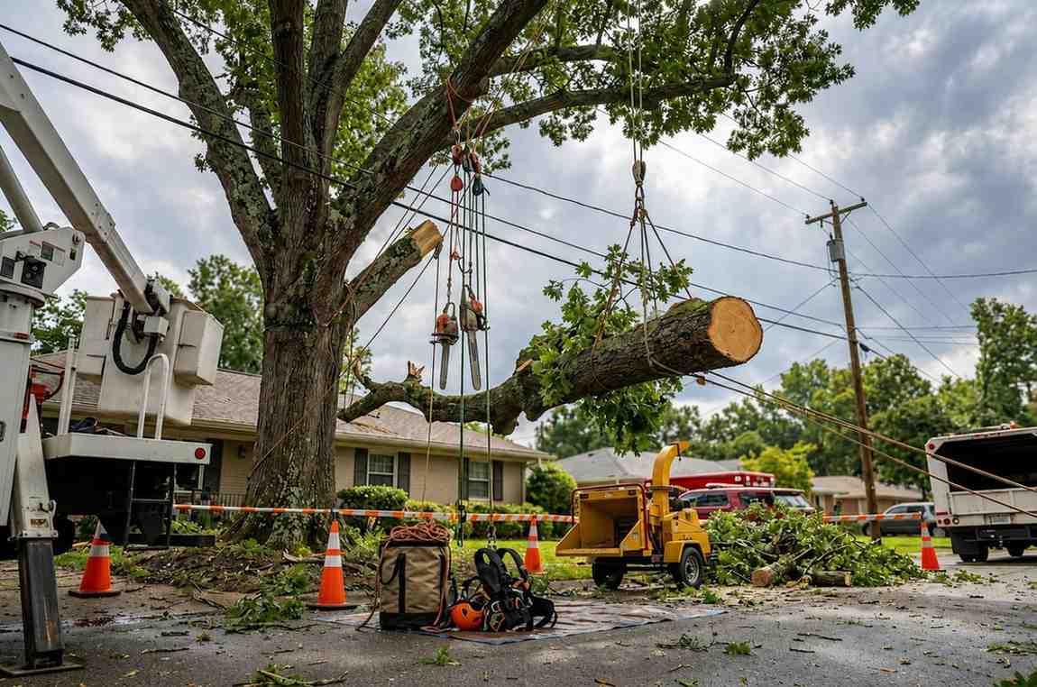 **Alt text:** "Professional tree removal crew using a bucket truck and rigging ropes to safely lower a large storm-damaged tree branch near a residential home, with wood chipper and climbing gear on-site."