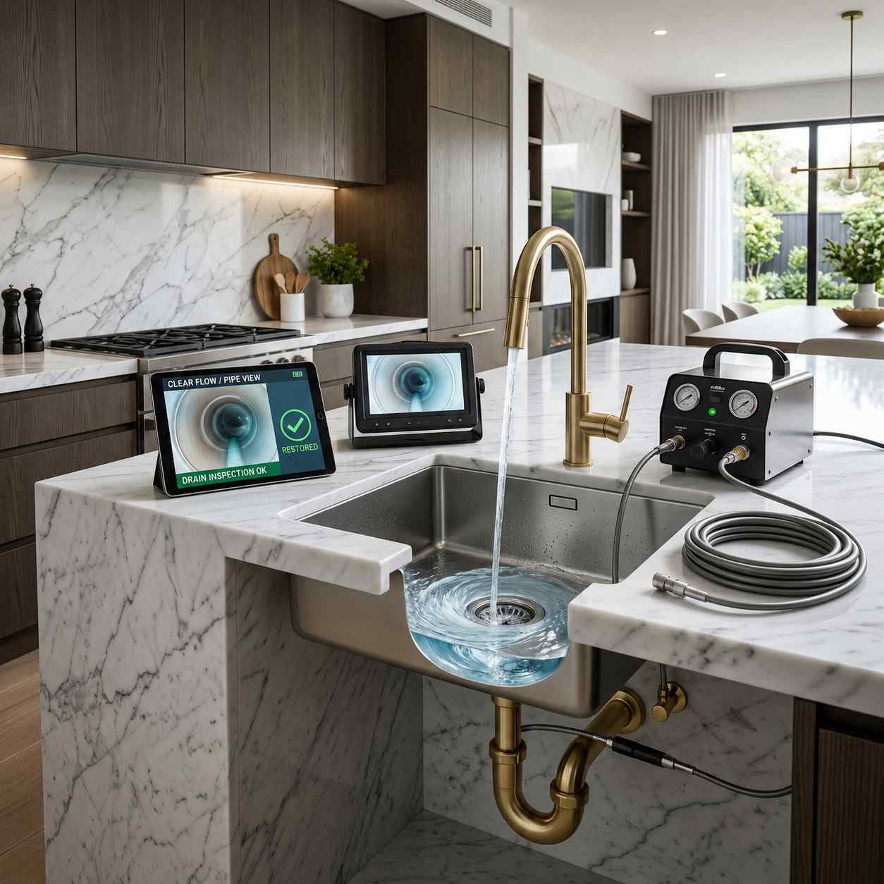 Professional kitchen drain cleaning and pipe inspection service, featuring sewer camera diagnostics and hydro jetting equipment clearing clogged drains, restoring water flow, preventing plumbing backups, and maintaining residential kitchen plumbing systems.