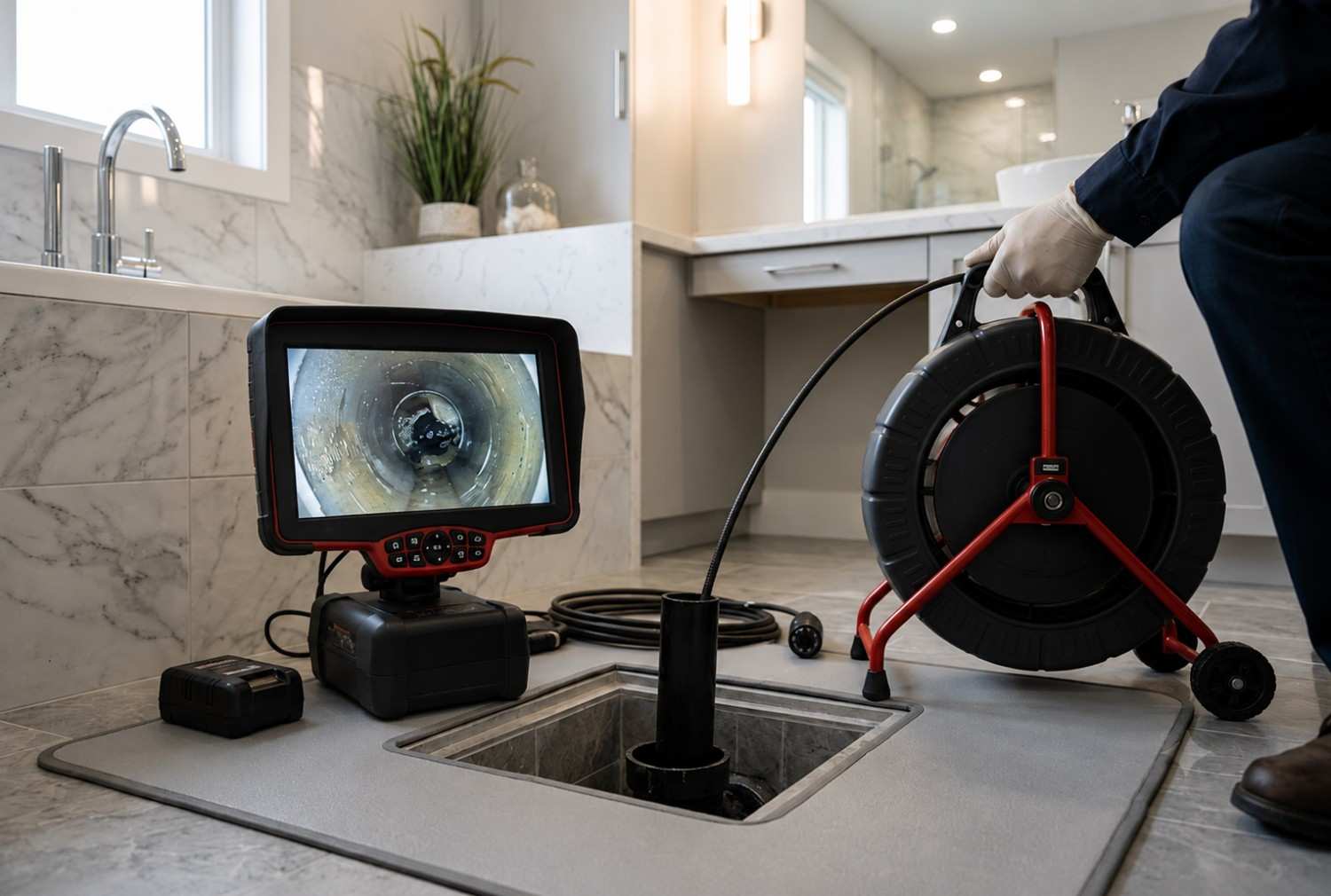 Professional sewer camera inspection and drain cleaning service in a residential bathroom, featuring advanced pipe inspection equipment detecting a clogged drain blockage, diagnosing plumbing issues, and supporting efficient drain repair and preventive maintenance.