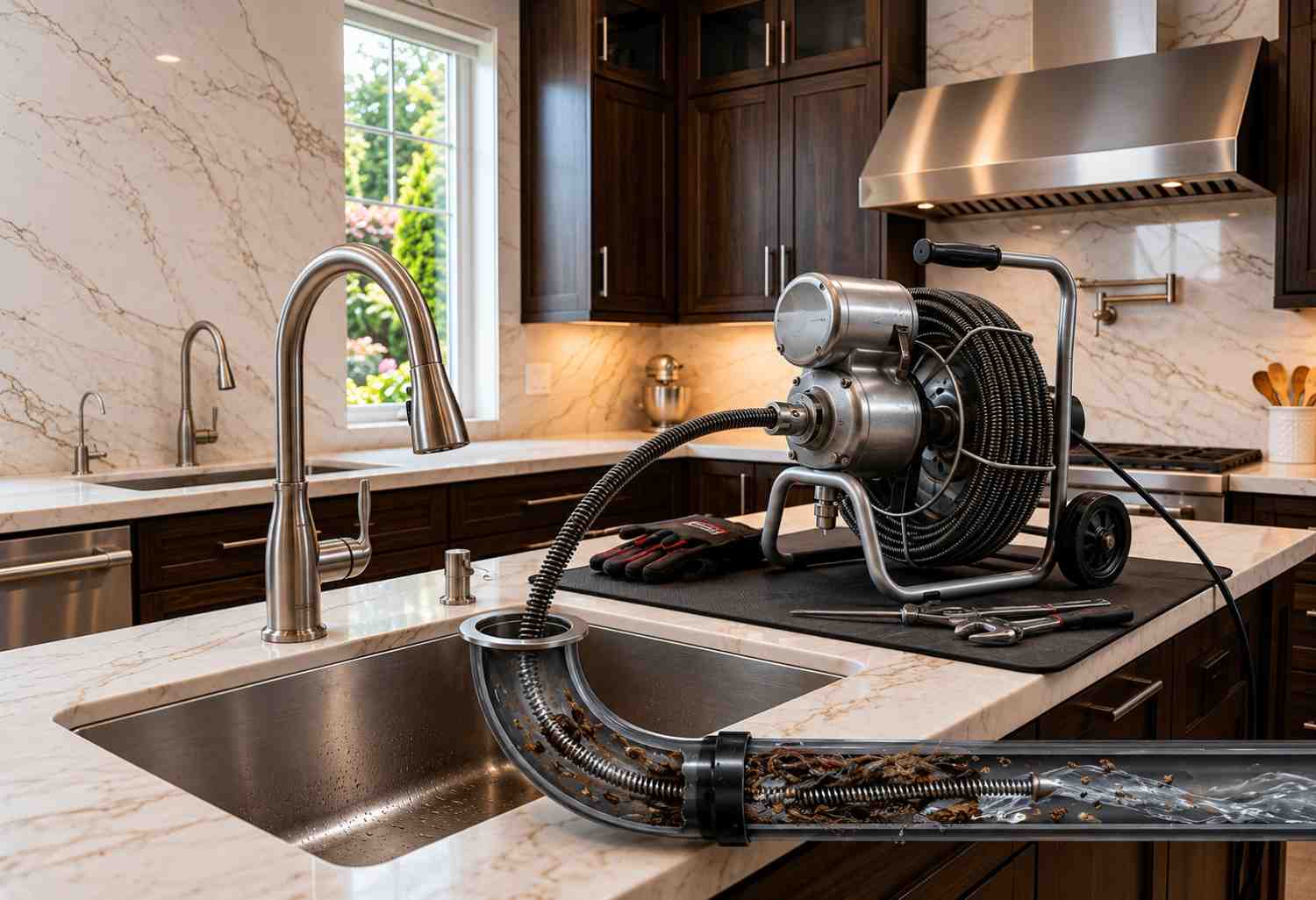 Professional kitchen drain cleaning service using a drain auger machine to remove stubborn pipe blockages, restore water flow, and prevent plumbing backups. Features residential sink drain maintenance, clogged drain repair, and expert plumbing solutions for kitchen drainage systems.