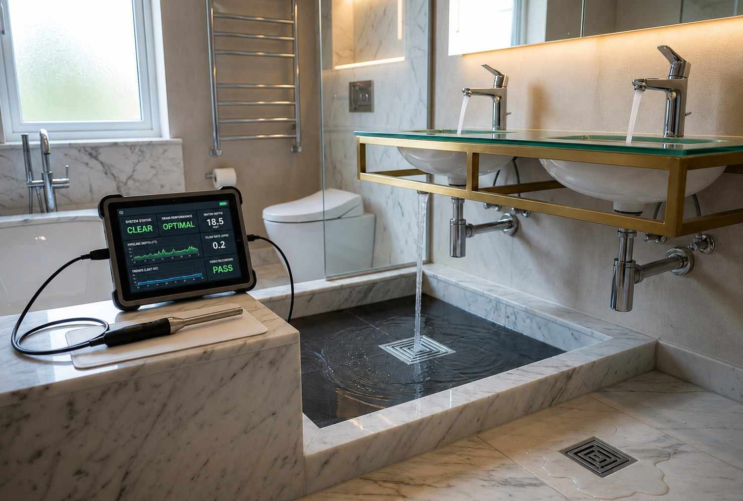 Professional bathroom drain inspection and plumbing diagnostics, featuring drain flow testing equipment and performance monitoring tools to verify proper drainage, detect plumbing issues, prevent clogs, and maintain efficient residential bathroom drainage systems.