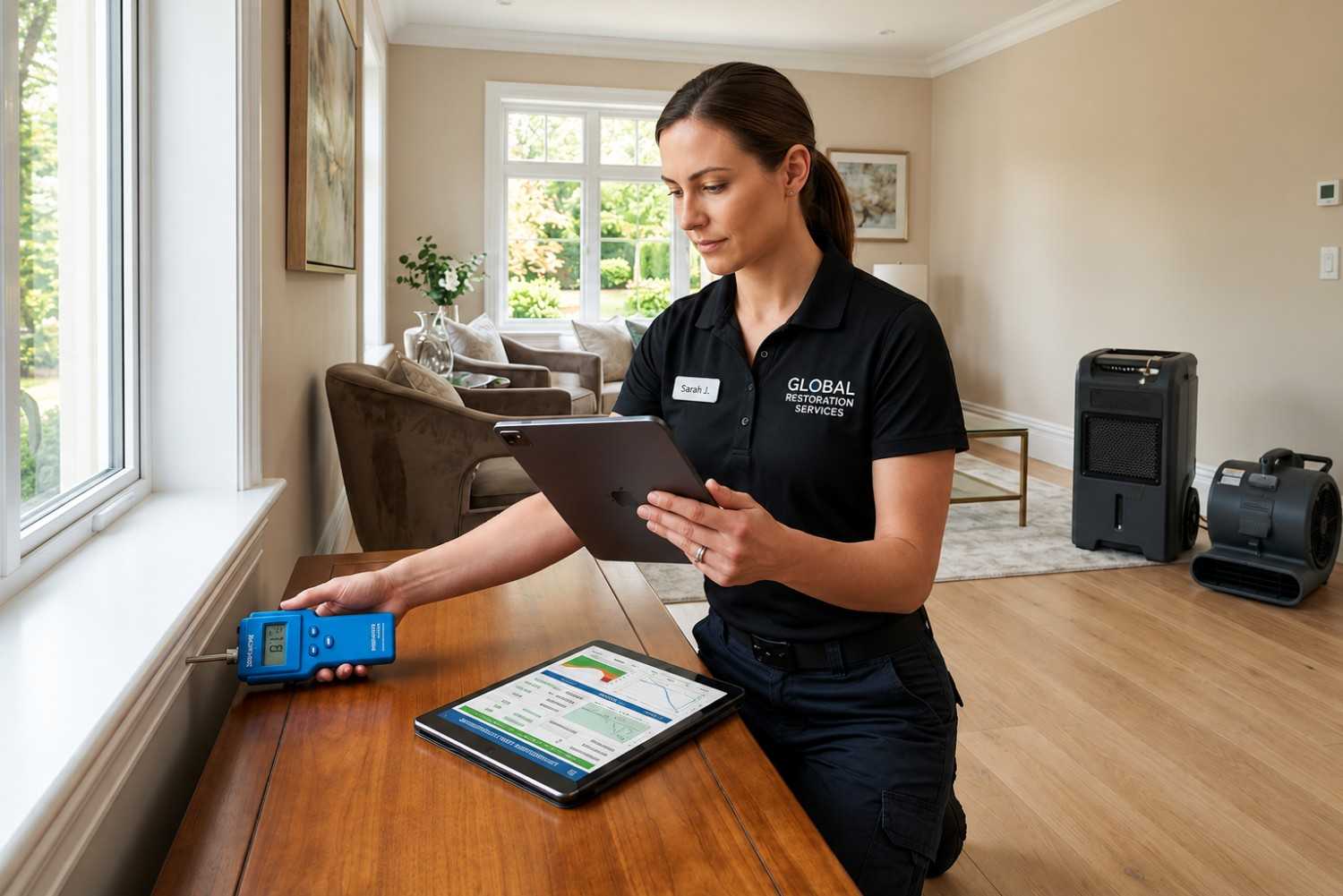 Certified water damage restoration technician performing moisture inspection in a residential home, using digital moisture meters and monitoring software alongside dehumidifiers and air movers for water mitigation, structural drying, mold prevention, and property restoration services.