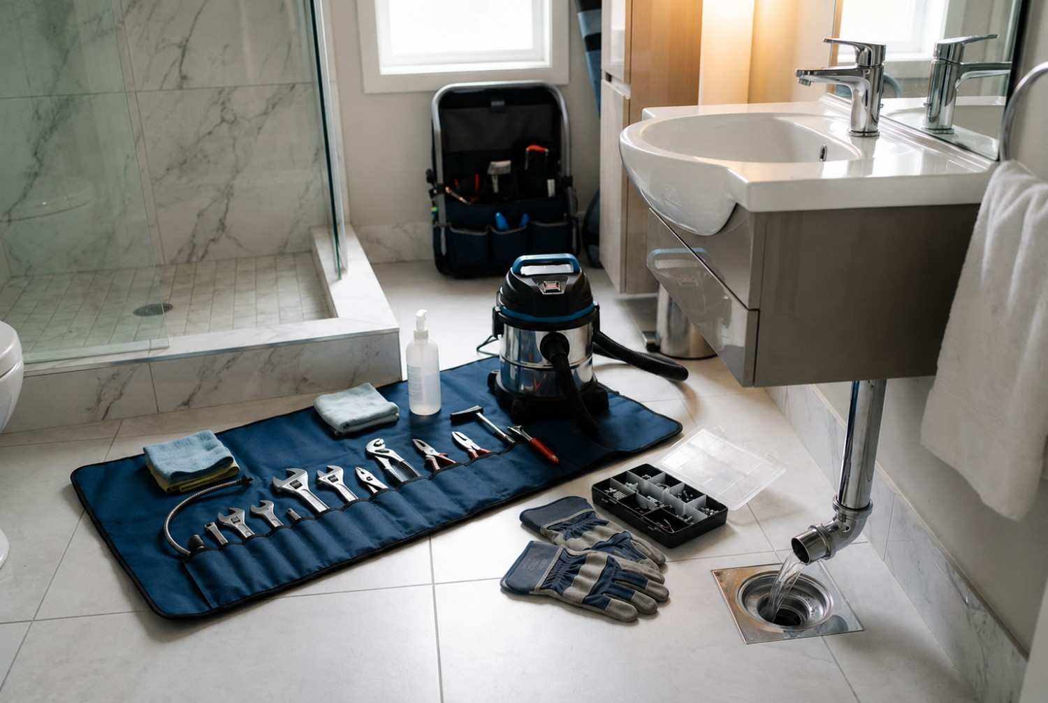 Professional bathroom drain cleaning and plumbing maintenance service, featuring drain repair tools, wet vacuum equipment, and sink drainage inspection for clearing clogs, preventing water damage, improving drainage performance, and maintaining residential bathroom plumbing systems.