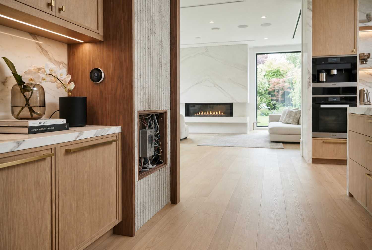 Technician kneeling in a modern home, servicing a recessed smart home control panel with electrical wiring exposed. Toolkits are open on the floor, while a thermostat, kitchen cabinetry, and bright living area are visible in the background.