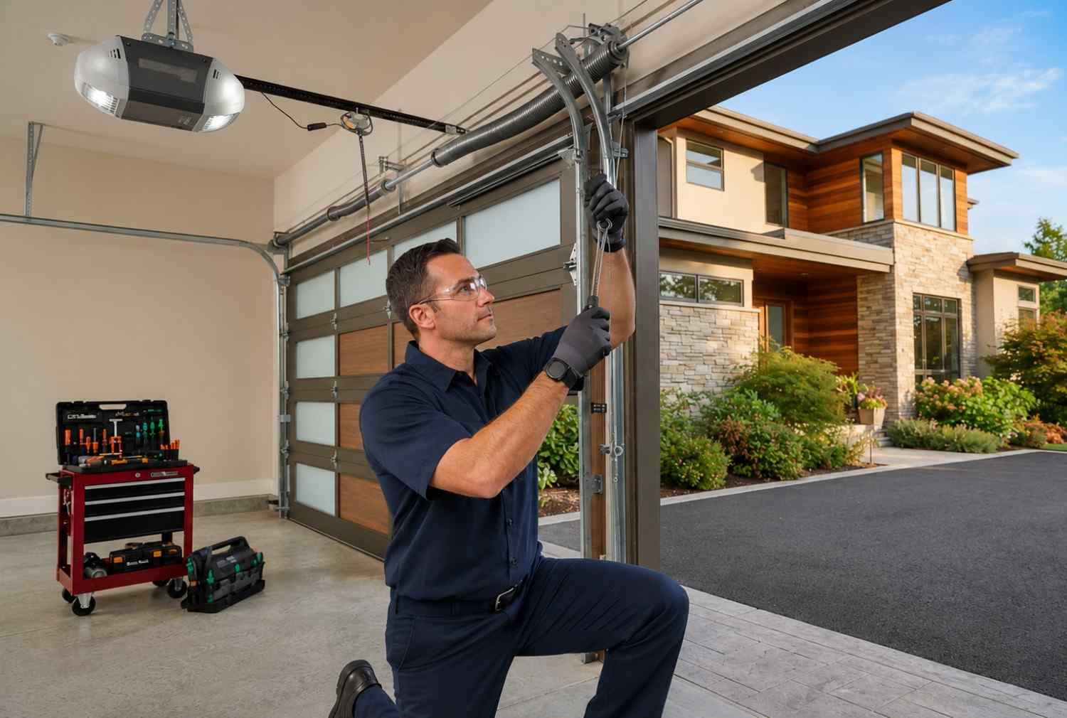 Professional garage door technician adjusting the torsion spring mechanism inside a modern residential garage. A tool cart and garage door opener are nearby, while a contemporary home exterior and landscaped driveway are visible through the open garage door.