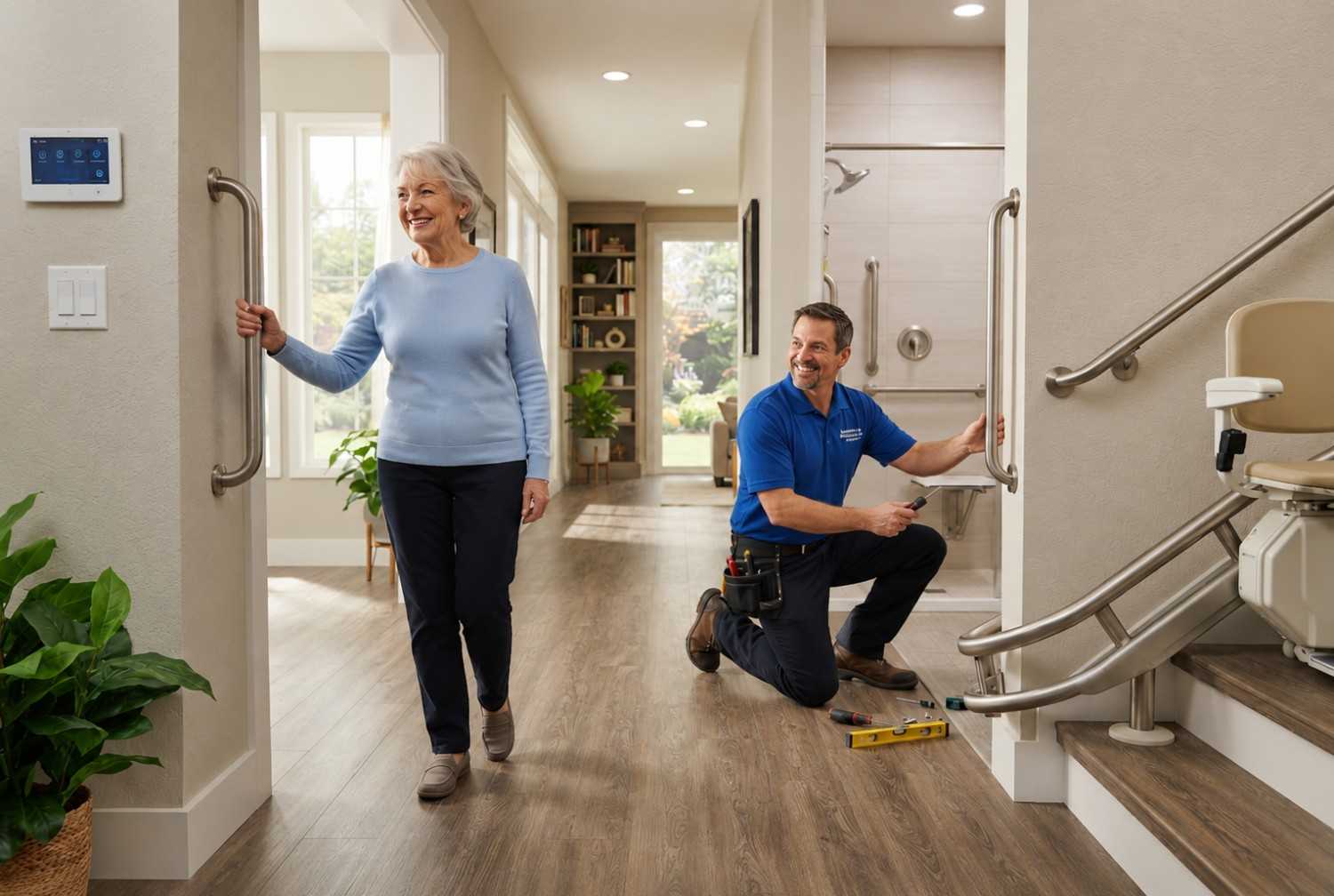 Senior woman testing newly installed grab bars in a bright, accessible home while a technician completes the installation. A stair lift, walk-in shower, and wide hallway highlight aging-in-place safety features and home accessibility improvements.