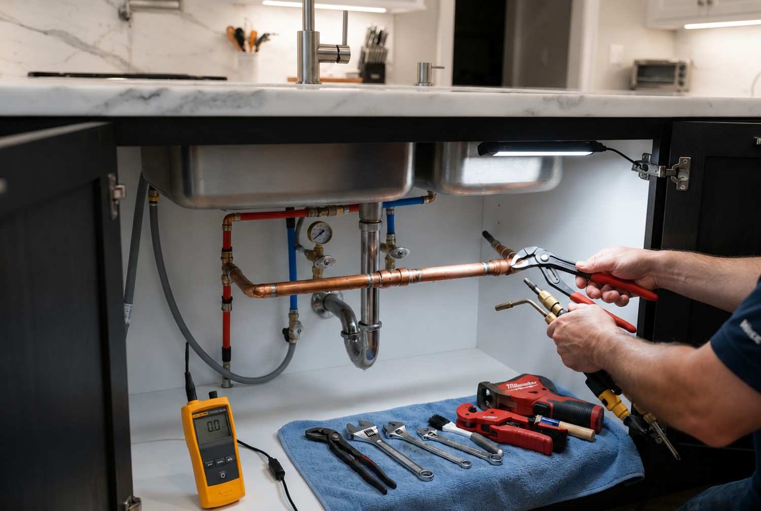 Close-up of a plumber repairing copper water supply lines beneath a double kitchen sink using pliers and a torch. Plumbing tools, wrenches, and a digital measuring device are neatly arranged inside the cabinet during a residential plumbing repair.