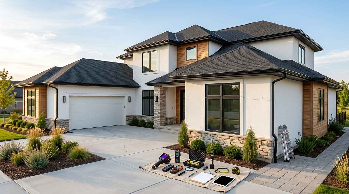 modern residential home with subtle inspection findings and professional home inspection equipment illustrating the process of resolving inspection disagreements without people