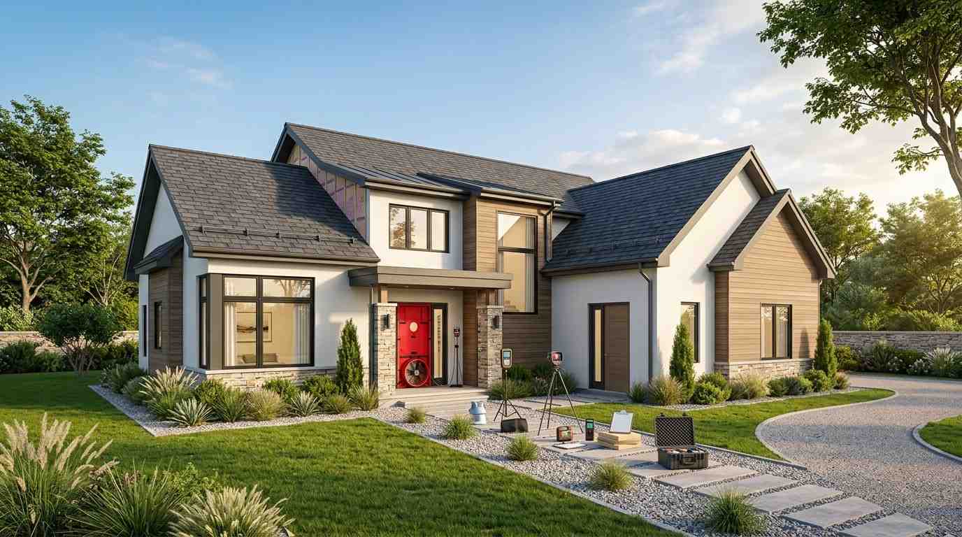 modern energy efficient home prepared for ENERGY STAR verification with blower door testing equipment thermal imaging tools and premium insulated construction without people