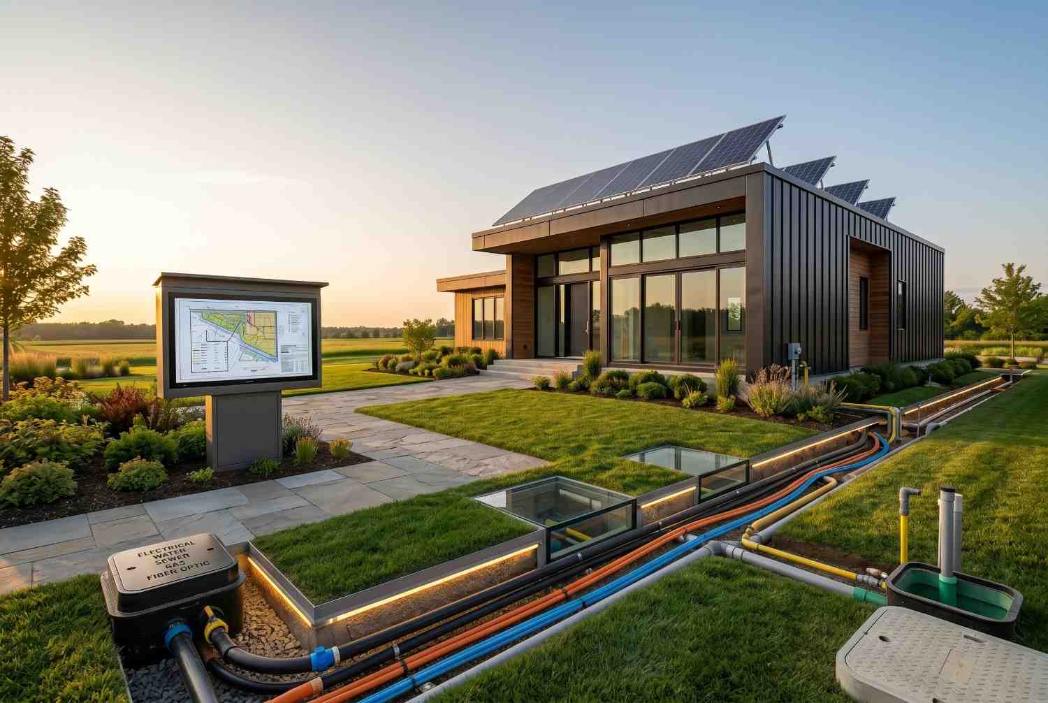 Modern net-zero home with rooftop solar panels, energy-efficient architecture, underground utility infrastructure, and sustainable landscape design. Eco-friendly residential construction featuring smart home technology, renewable energy systems, green building practices, and contemporary custom home design.