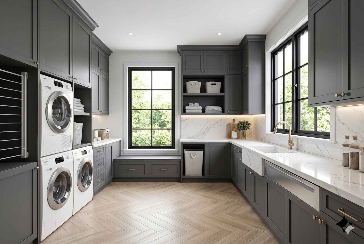 Modern luxury laundry room featuring dark gray custom cabinetry, stacked washer and dryer, farmhouse sink, quartz countertops, built-in storage, and herringbone flooring. Elegant laundry room remodel with premium finishes, functional organization, and high-end home renovation design.