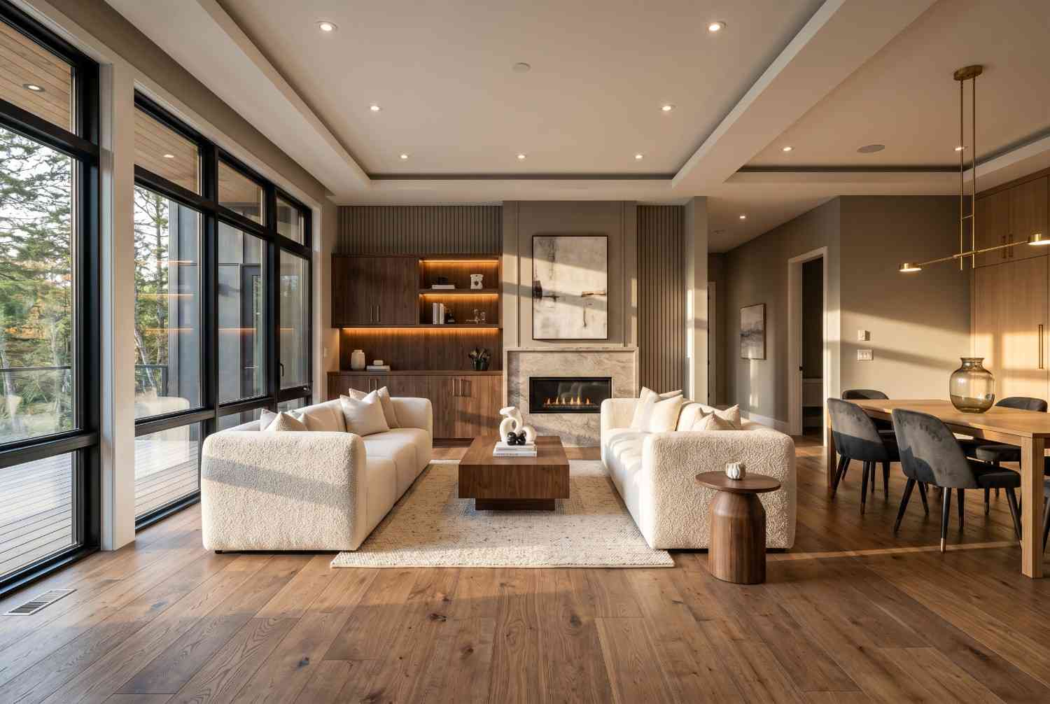 Modern luxury living room with open-concept design, hardwood flooring, floor-to-ceiling windows, contemporary fireplace, and elegant dining area. Premium residential interior showcasing custom millwork, modern furniture, natural light, and upscale home design for luxury living spaces.