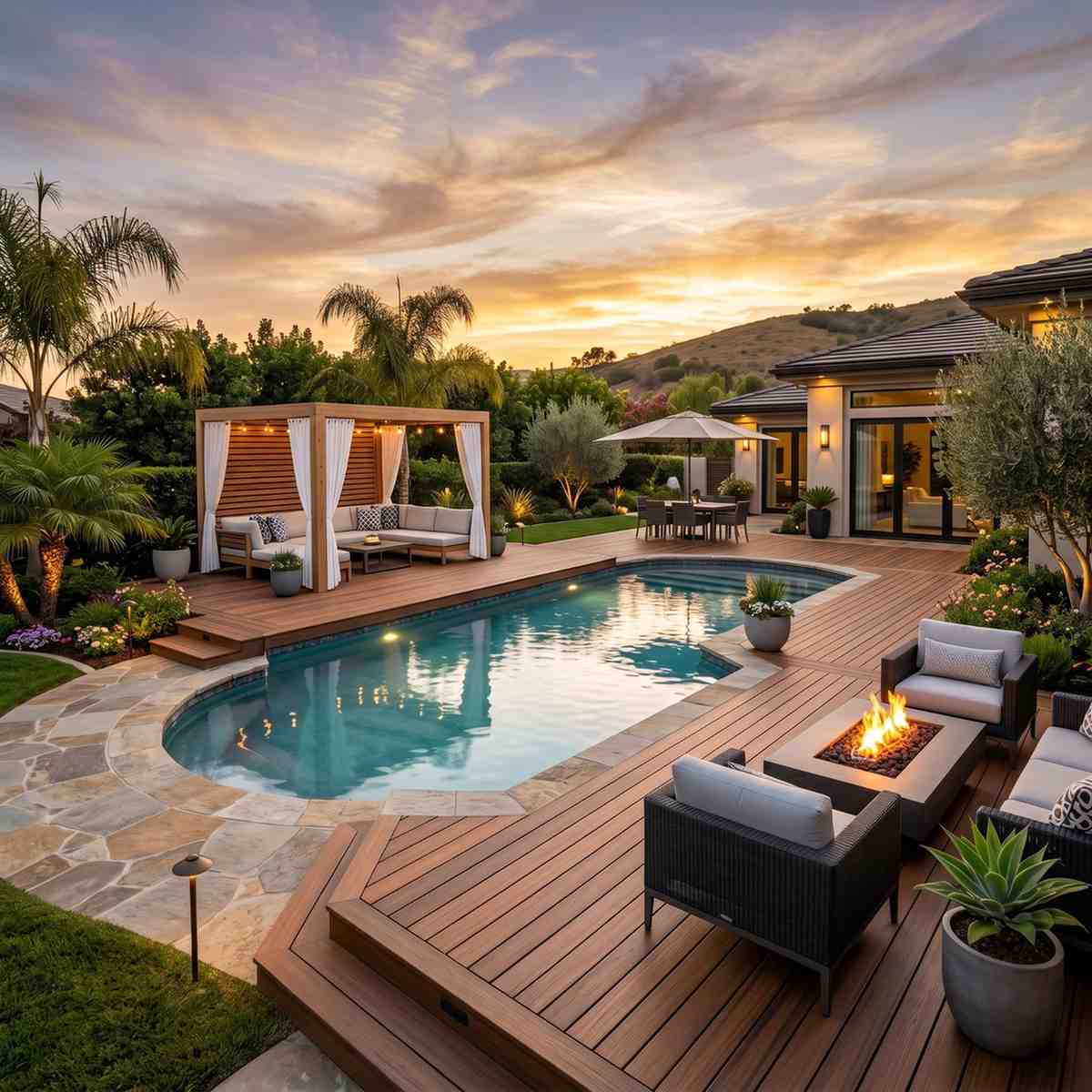 Luxury poolside composite deck with fire pit, cabana lounge, and outdoor seating surrounding a modern home at sunset. Custom backyard living space features premium decking, resort-style landscaping, swimming pool design, outdoor entertaining areas, and high-end residential renovation for elegant outdoor relaxation.