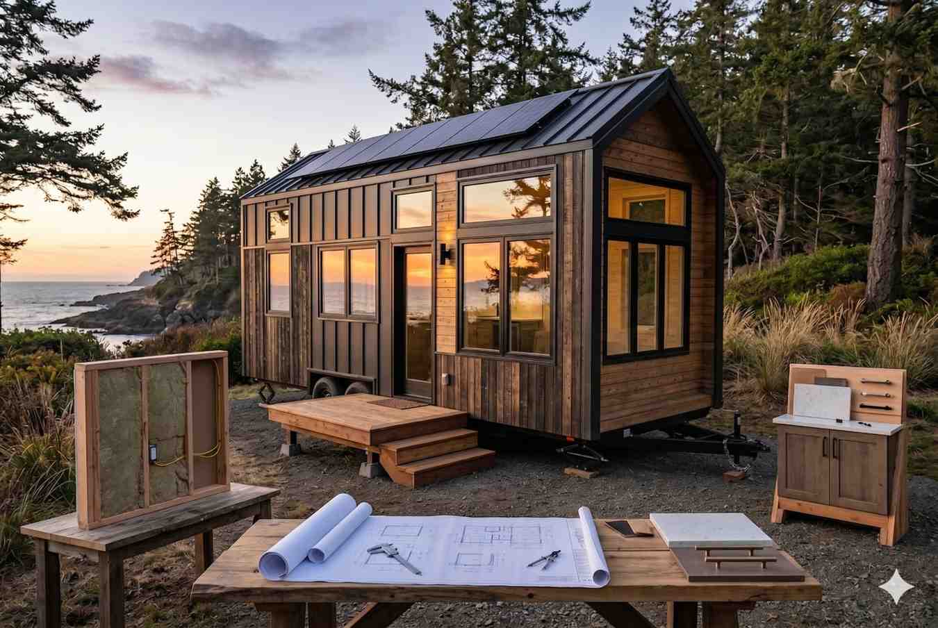 Modern tiny house with solar panels overlooking a coastal landscape, featuring sustainable design, energy-efficient construction, and premium wood finishes. Architectural plans and building materials highlight custom tiny home development, off-grid living solutions, eco-friendly housing, and compact luxury home construction for modern lifestyles.