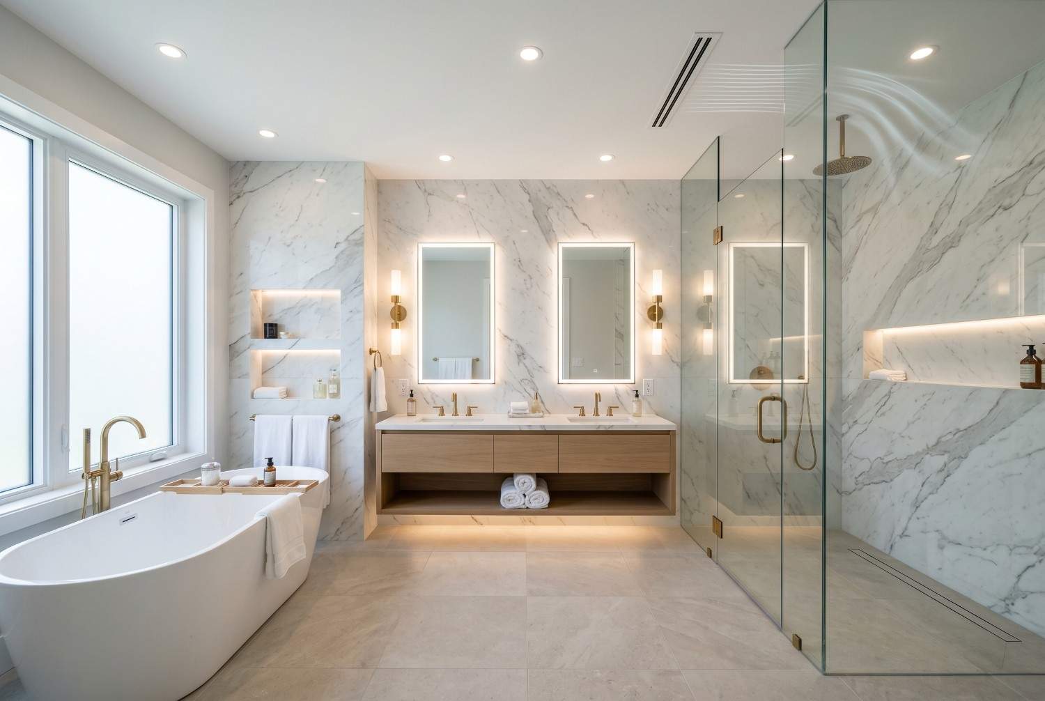 Luxury marble bathroom with freestanding soaking tub, walk-in glass shower, floating double vanity, and illuminated mirrors. Spa-inspired modern bathroom design featuring premium fixtures, elegant lighting, natural stone finishes, and high-end residential bathroom remodeling.