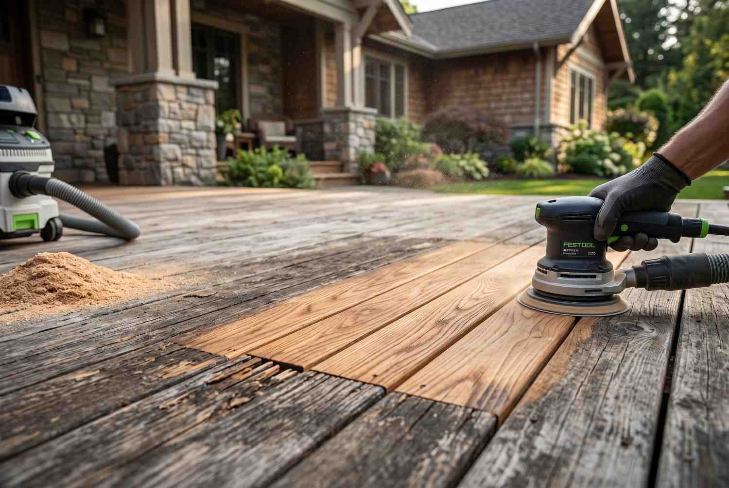Professional deck sanding and restoration service removing weathered wood damage from an outdoor deck. Contractor using a power sander to refinish deck boards, highlighting deck repair, wood restoration, surface preparation, deck maintenance, and residential outdoor living space renovation for improved durability and appearance.