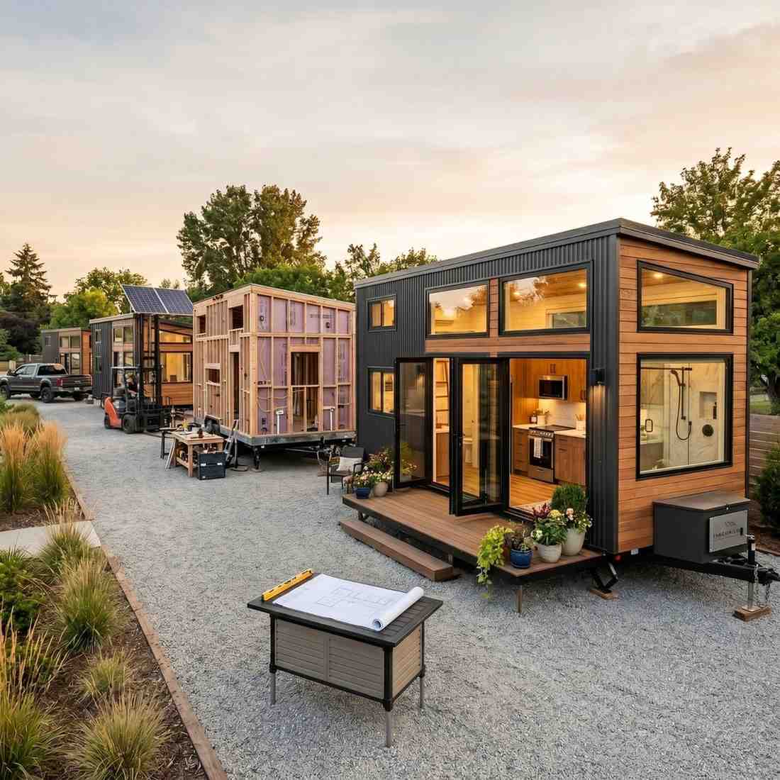 Tiny house construction and manufacturing site featuring modern mobile homes, custom tiny house builders, and sustainable housing solutions. Team reviews architectural plans beside completed and in-progress tiny homes, showcasing energy-efficient design, prefab construction, affordable housing, and turnkey tiny house development services.