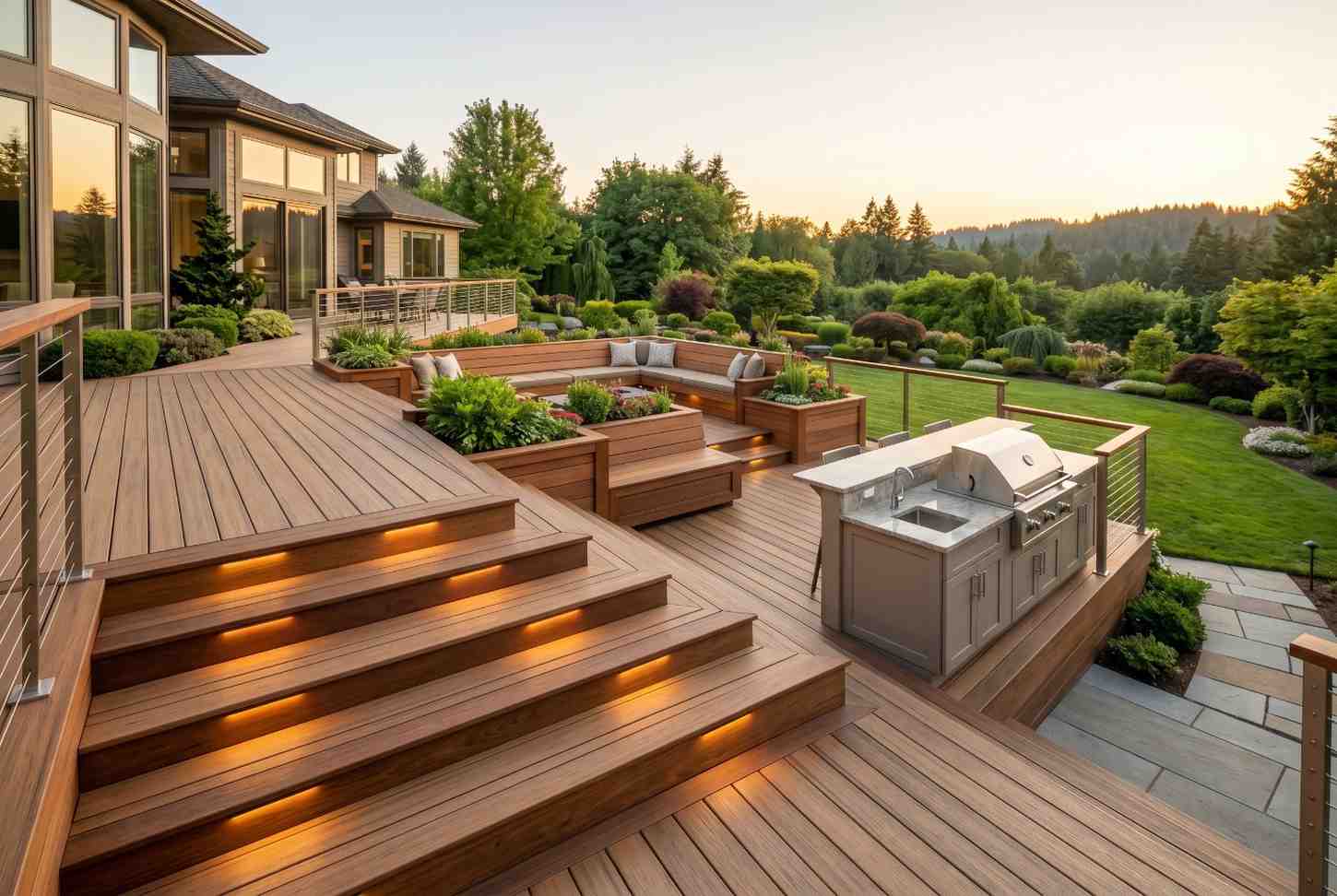 Luxury multi-level backyard deck with built-in outdoor kitchen, custom seating, integrated LED stair lighting, and landscaped garden views. Premium outdoor living space showcasing custom deck construction, upscale patio design, outdoor entertainment area, and luxury home improvement with modern amenities.