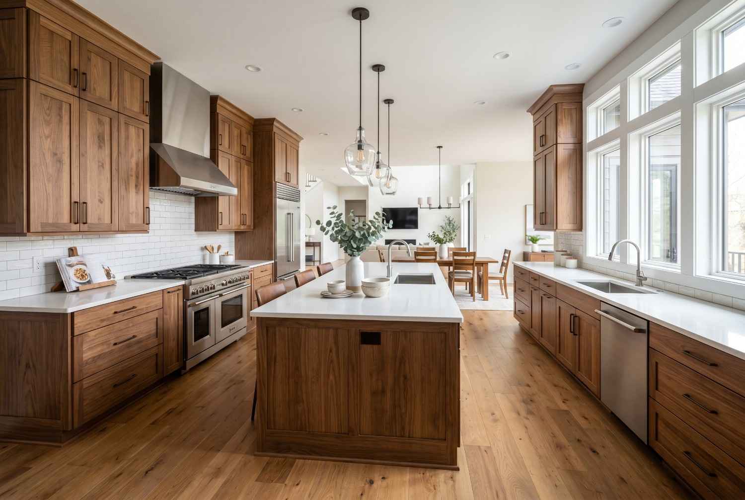 Luxury kitchen renovation featuring custom walnut cabinetry, large center island, quartz countertops, stainless steel appliances, hardwood flooring, and expansive windows. Bright open-concept kitchen design with premium finishes, modern functionality, and elegant craftsmanship for upscale home remodeling.