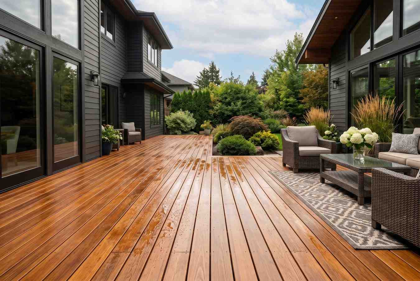 Modern hardwood deck between contemporary homes with outdoor lounge furniture and lush landscaping. Spacious backyard living area features premium wood decking, durable outdoor flooring, and elegant garden design, showcasing professional deck installation, custom outdoor spaces, residential renovation, and luxury backyard entertainment.