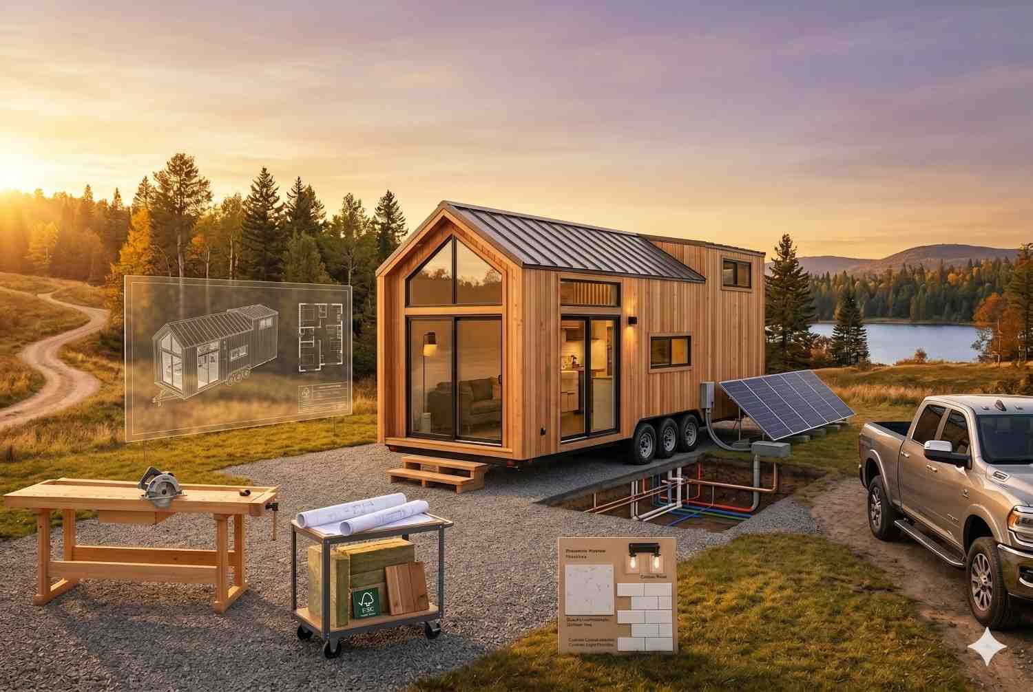 Off-grid tiny house with solar panels in a scenic countryside setting, showcasing sustainable tiny home design, energy-efficient construction, and mobile living solutions. Features modern architecture, eco-friendly building materials, and renewable energy systems for affordable, self-sufficient housing.