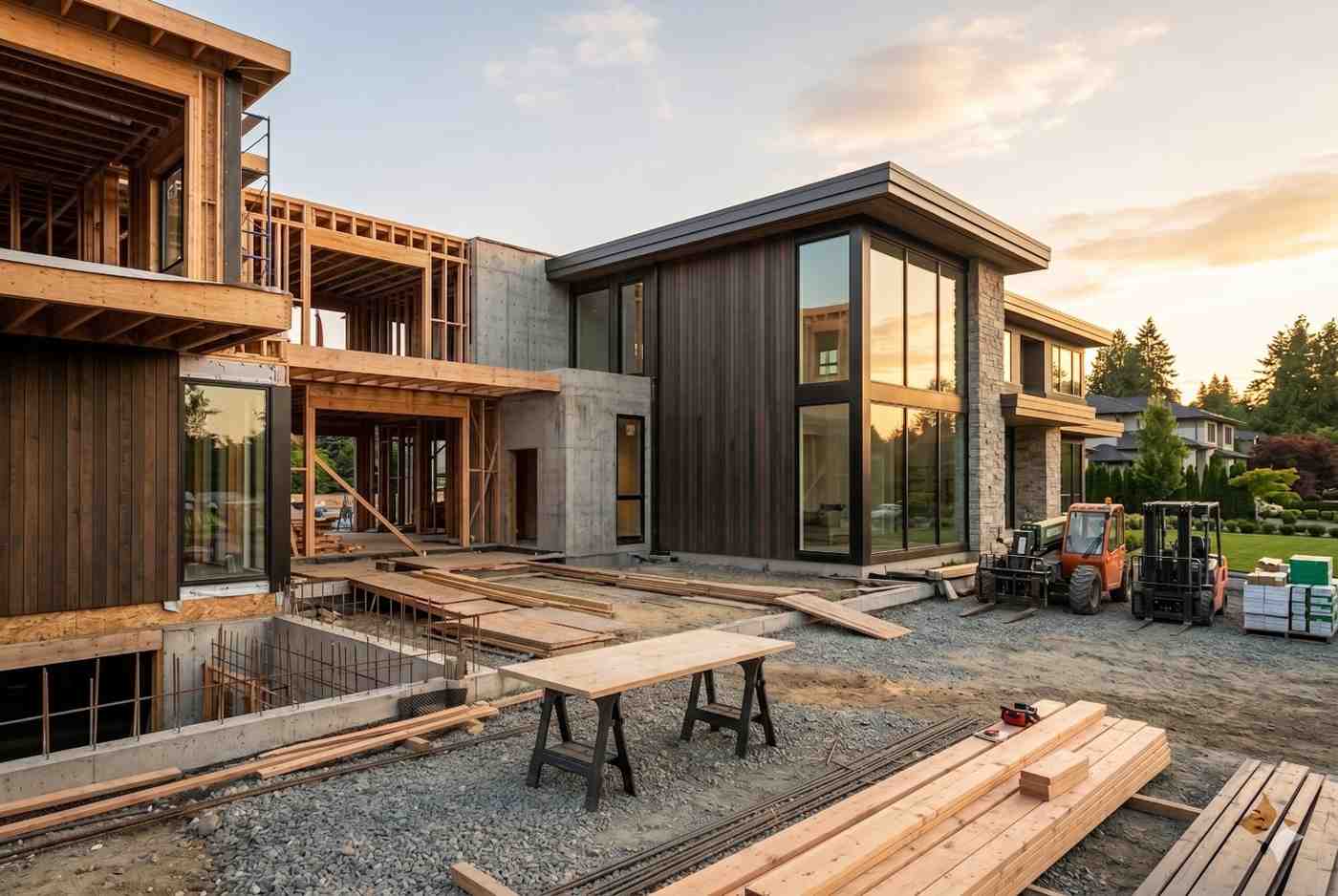 Modern luxury home under construction featuring custom architecture, structural framing, large glass windows, and exterior finishing work. Residential construction project with building materials, heavy equipment, and skilled contractors showcasing high-end custom home building, renovation, and property development services.