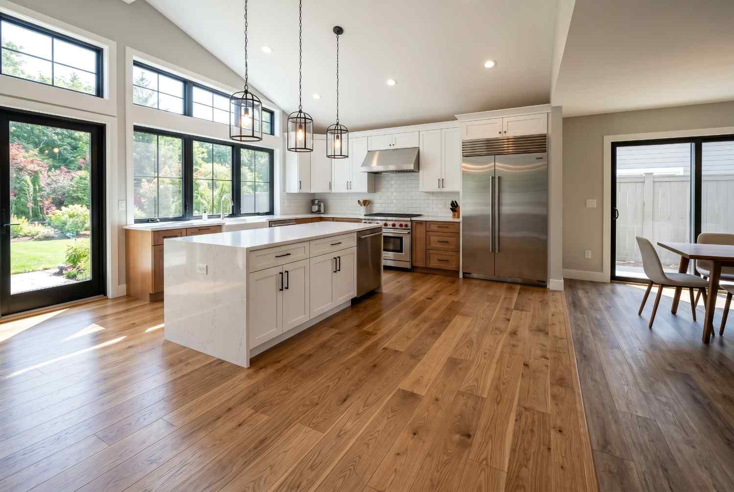 Modern luxury kitchen with a large quartz waterfall island, custom white cabinetry, stainless steel appliances, and hardwood flooring. Open-concept kitchen design featuring expansive windows, abundant natural light, premium finishes, and high-end residential interior remodeling.
