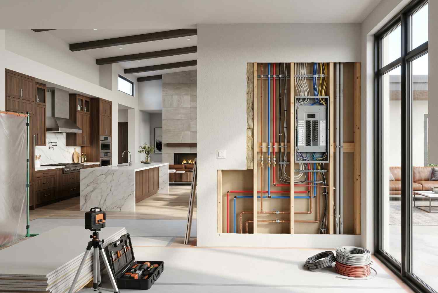 Modern home renovation showcasing exposed electrical and plumbing systems alongside a luxury custom kitchen. High-end residential remodeling project featuring smart home wiring, premium cabinetry, marble island, and expert construction craftsmanship in a contemporary open-concept interior.
