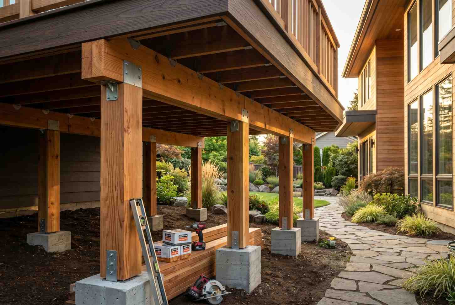 Elevated cedar deck construction with timber support posts, galvanized brackets, and concrete footings beside a modern wood-clad home. Backyard renovation featuring a stone walkway, landscaped garden, and durable outdoor living space designed for residential decking, structural support, and exterior home improvement.