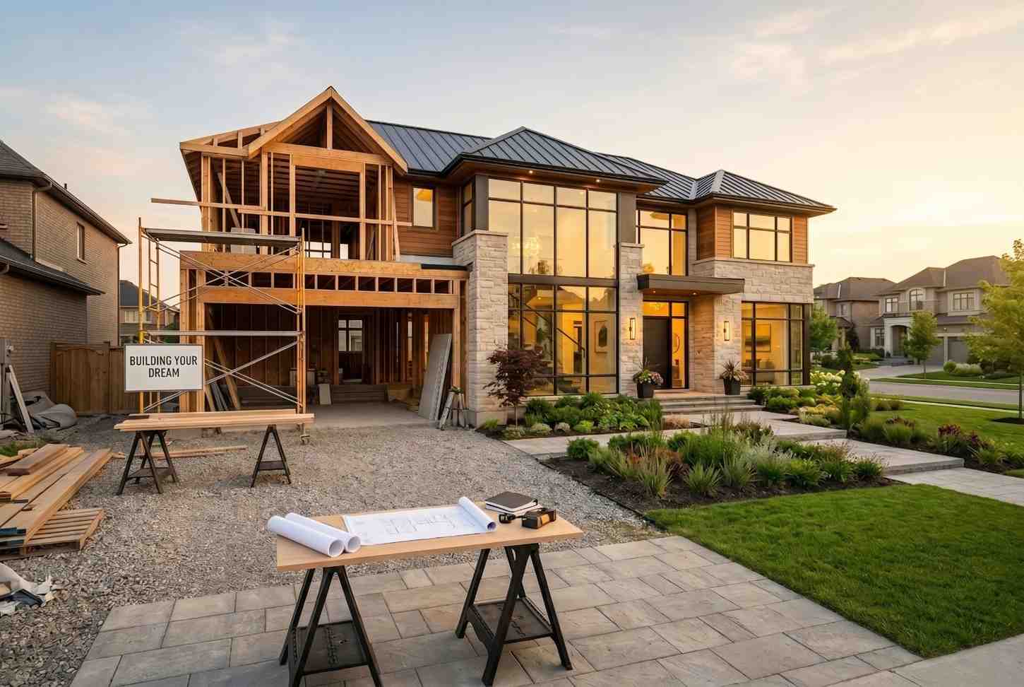 Luxury custom home under construction featuring modern architecture, exposed wood framing, large glass windows, stone accents, and architectural blueprints. Residential construction project showcasing custom home building, premium craftsmanship, new home development, and professional design-build services from concept to completion.