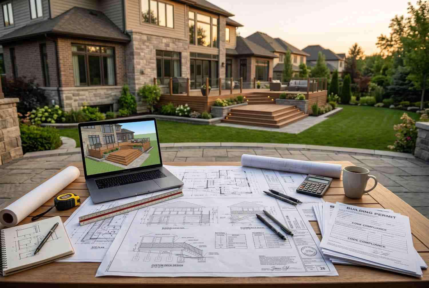 Deck design planning and permit approval process featuring architectural blueprints, 3D deck rendering, construction documents, and luxury backyard renovation. Residential outdoor living project showcasing custom deck design, permit compliance, landscape integration, and professional home improvement planning.