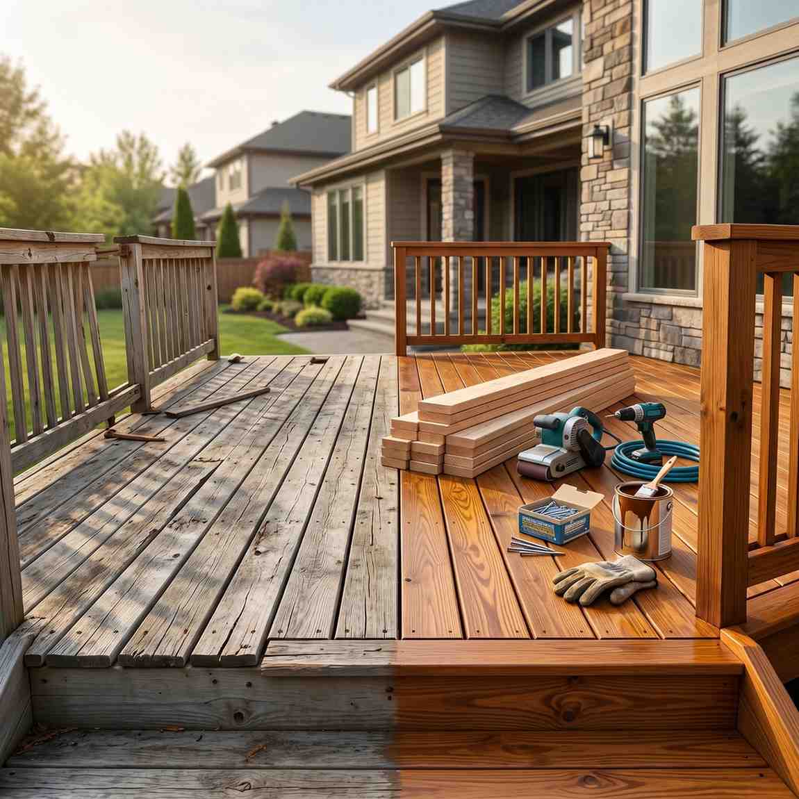 Deck replacement and restoration project showing old weathered decking beside newly installed wood deck boards, tools, and materials. Residential deck renovation showcasing custom carpentry, deck resurfacing, outdoor living space upgrade, and professional backyard remodeling for improved durability and curb appeal.